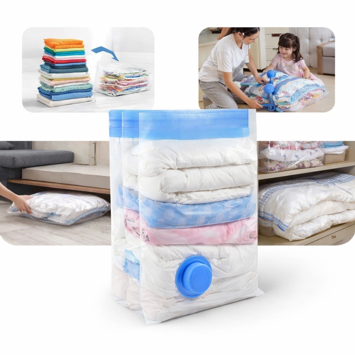 Vacuum compression storage bags with airtight valve and hand pump or electric pump option