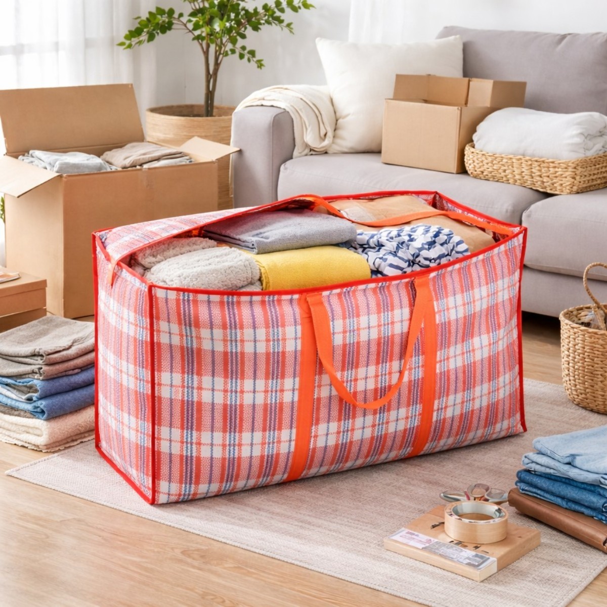 Large Plaid Moving Storage Bag with Reinforced Handles and Durable Zipper - Image 4