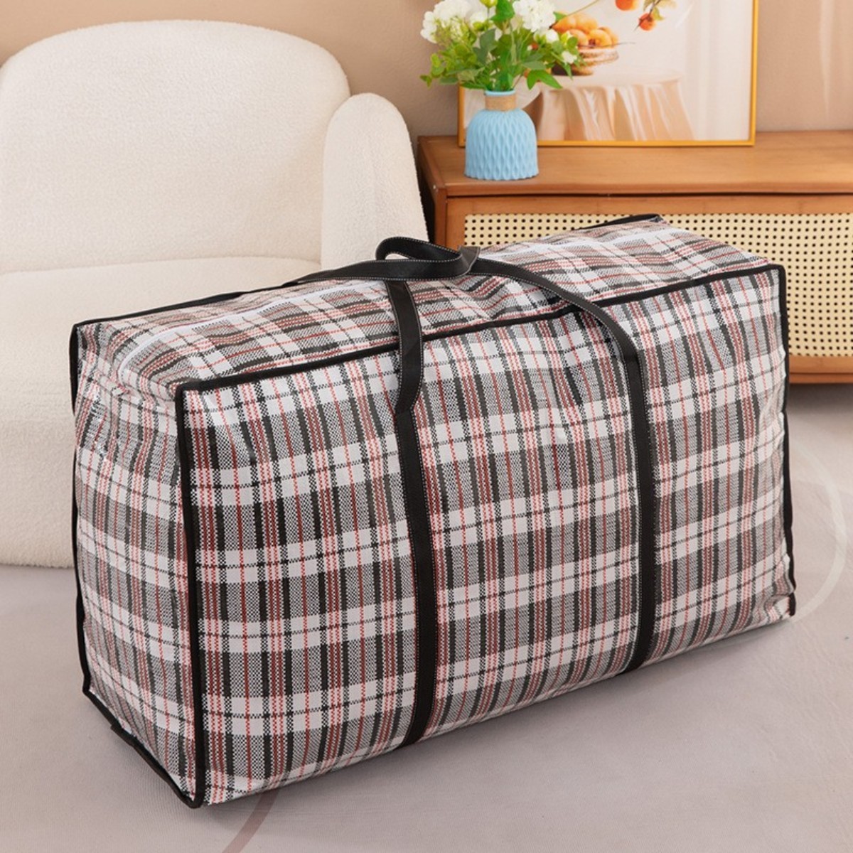 Large Plaid Moving Storage Bag with Reinforced Handles and Durable Zipper - Image 2