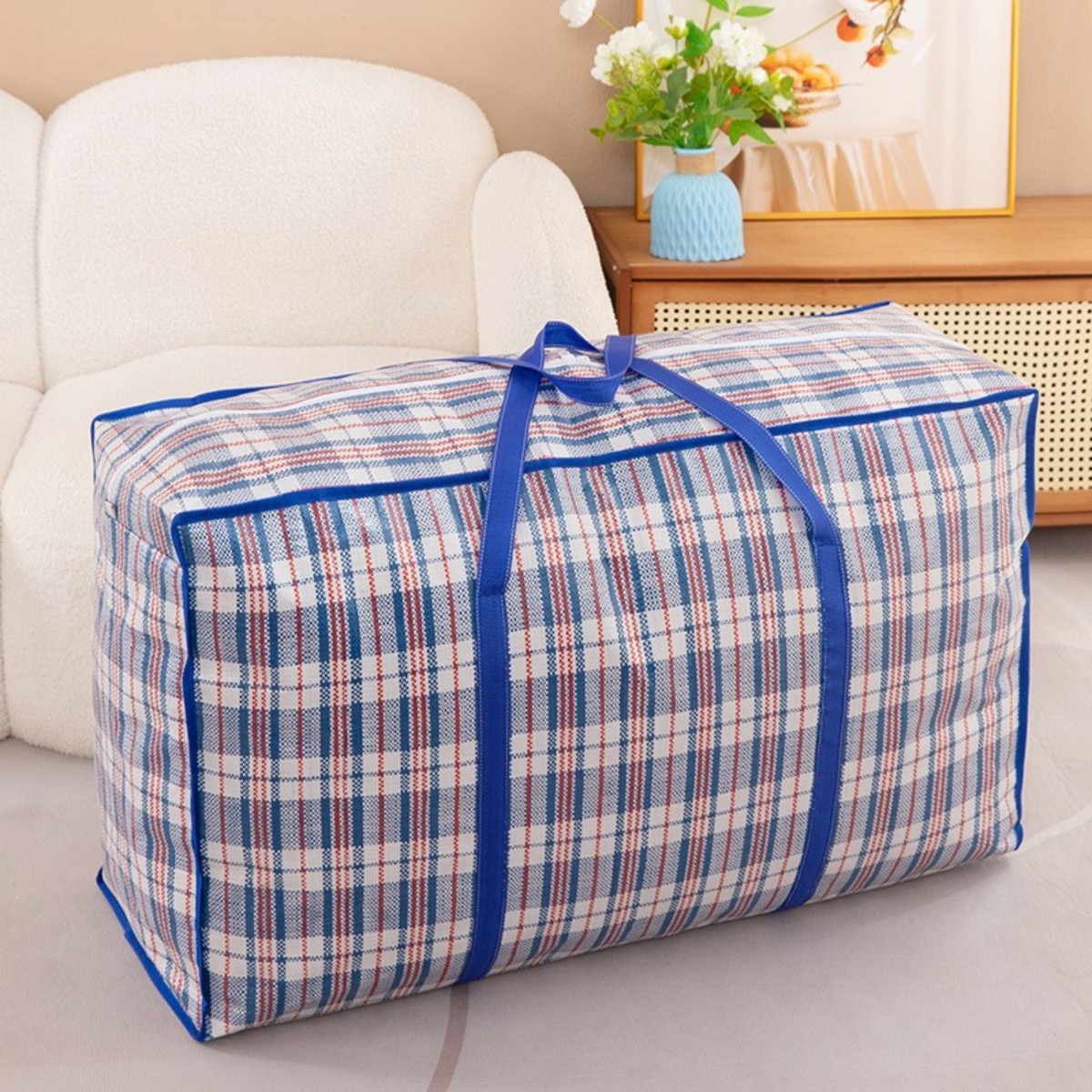 Large Plaid Moving Storage Bag with Reinforced Handles and Durable Zipper - Image 3