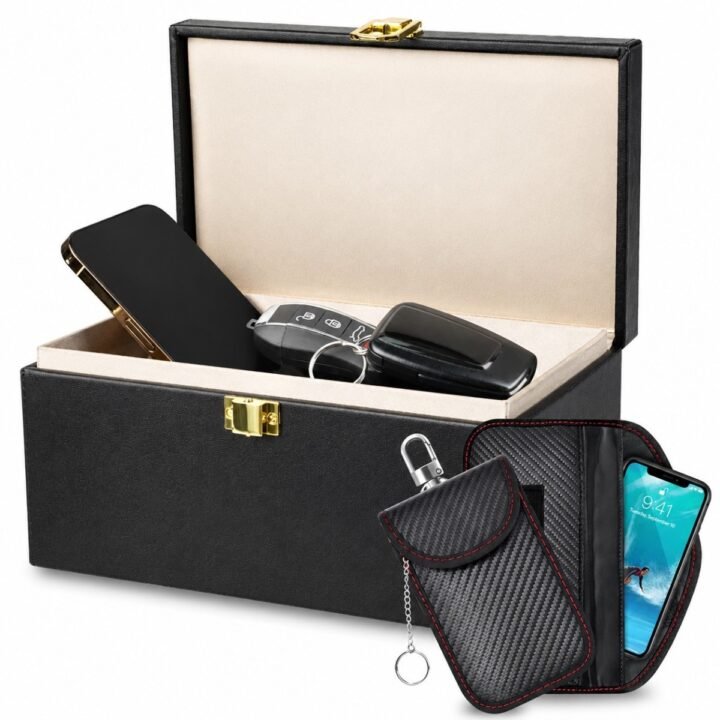 Signal blocking Faraday box and key pouch set for car key RFID protection