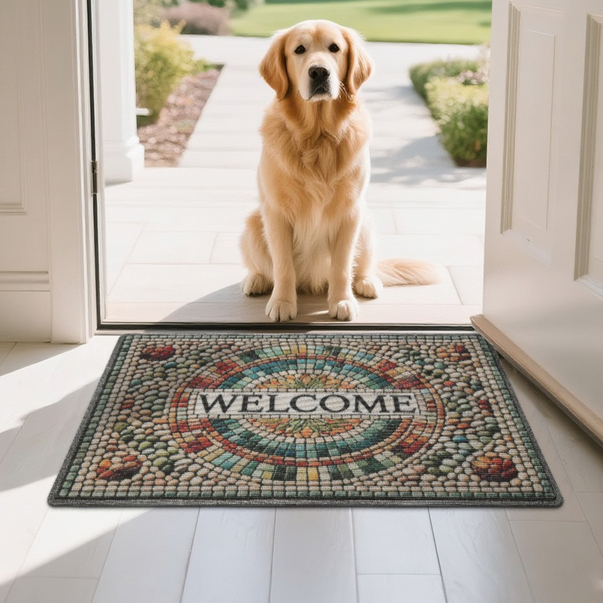 Colorful WELCOME PVC door mat placed at a bright home entrance