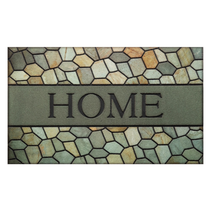 Green geometric flocked polyester entrance door mat with HOME pattern